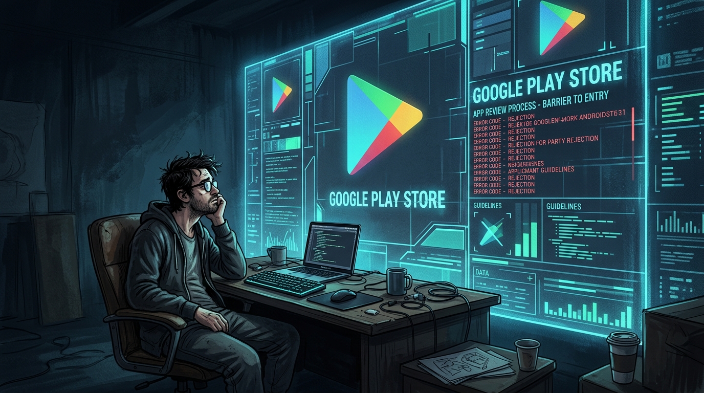 A lone developer sitting in the dark facing a massive digital wall with the Google Play logo, representing the barrier to entry for indie developers.