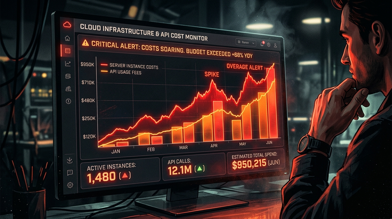 A tech dashboard showing rising server and API costs in glowing red charts.