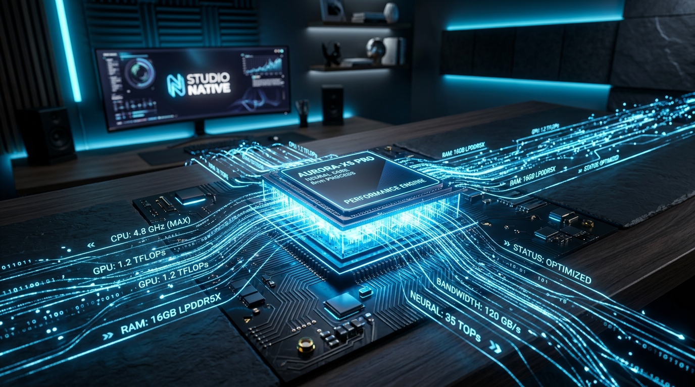 A sleek 3D rendering of a smartphone microchip glowing with speed and native performance data streams.